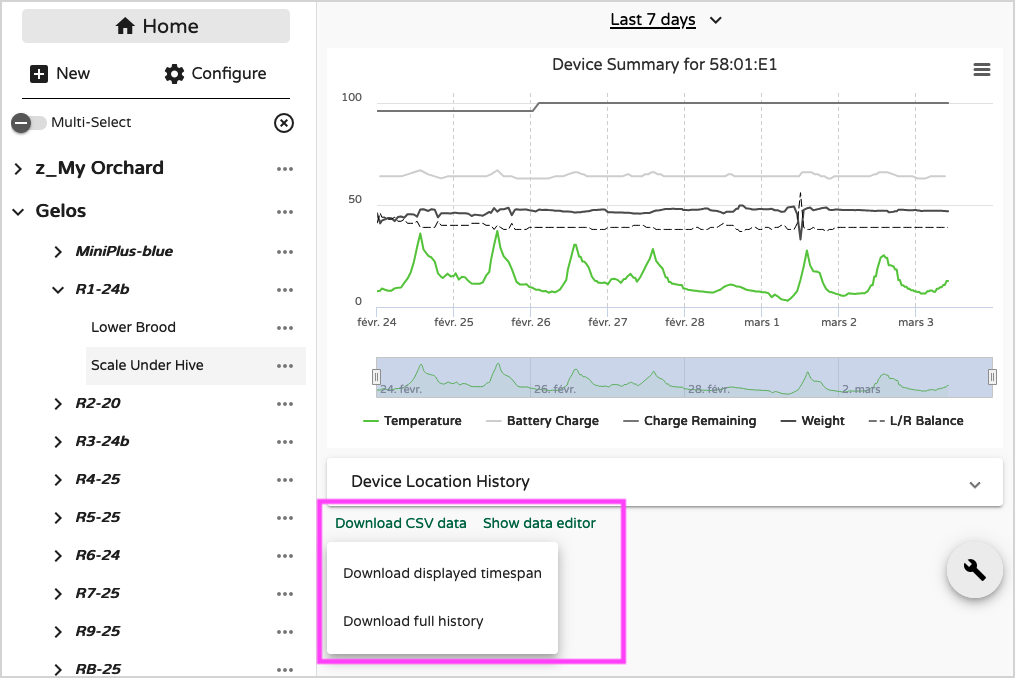 Esportazione dati del dispositivo