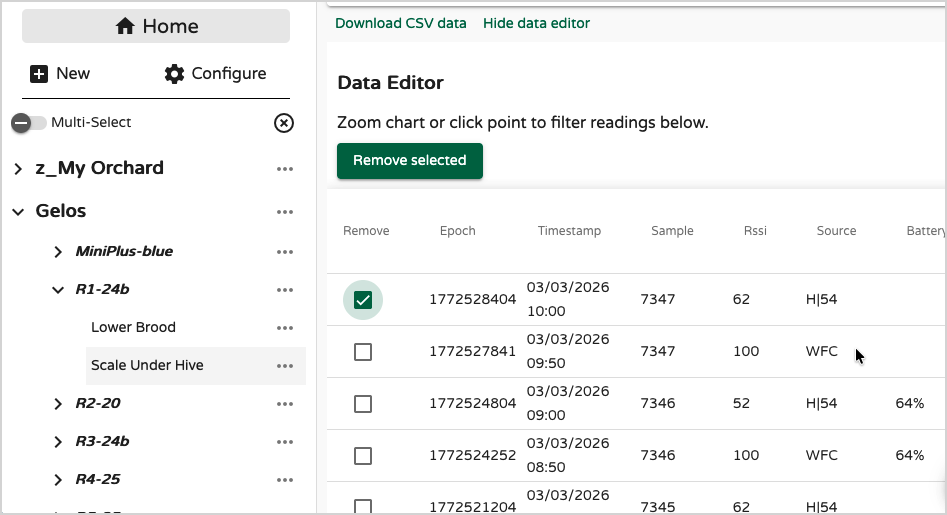 Rimuovi campioni selezionati